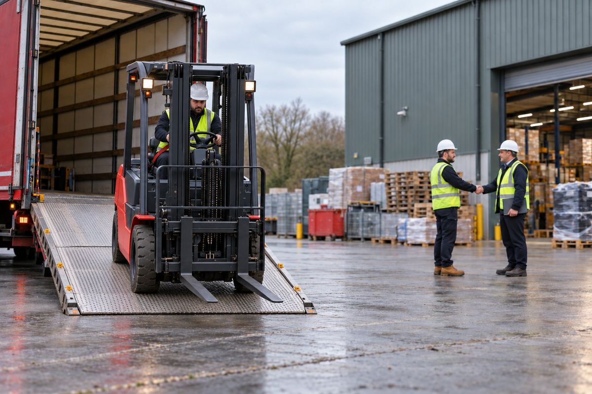 A new forklift being delivered down a lorry ramp at a customer's site