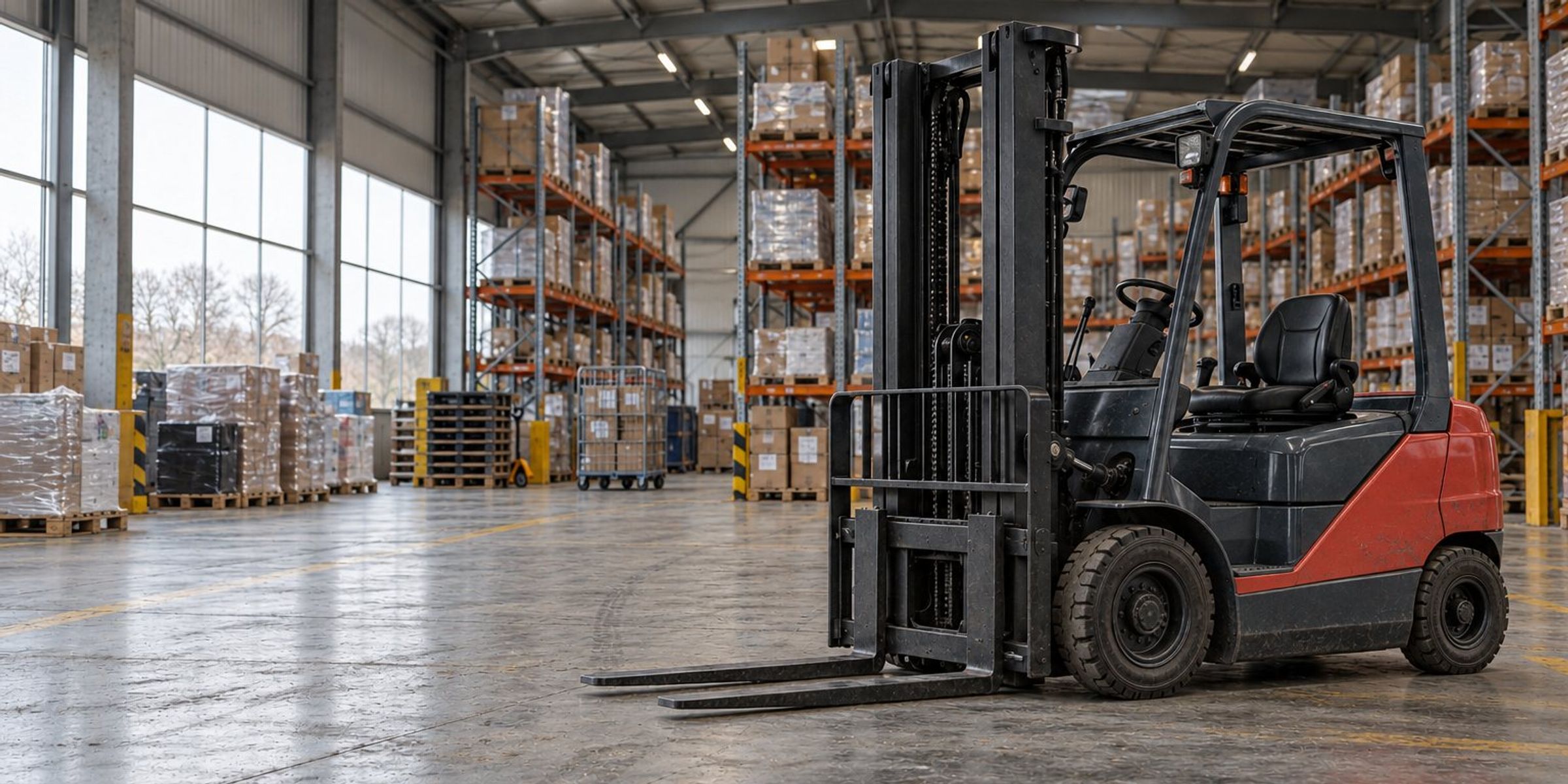 A forklift in a modern warehouse