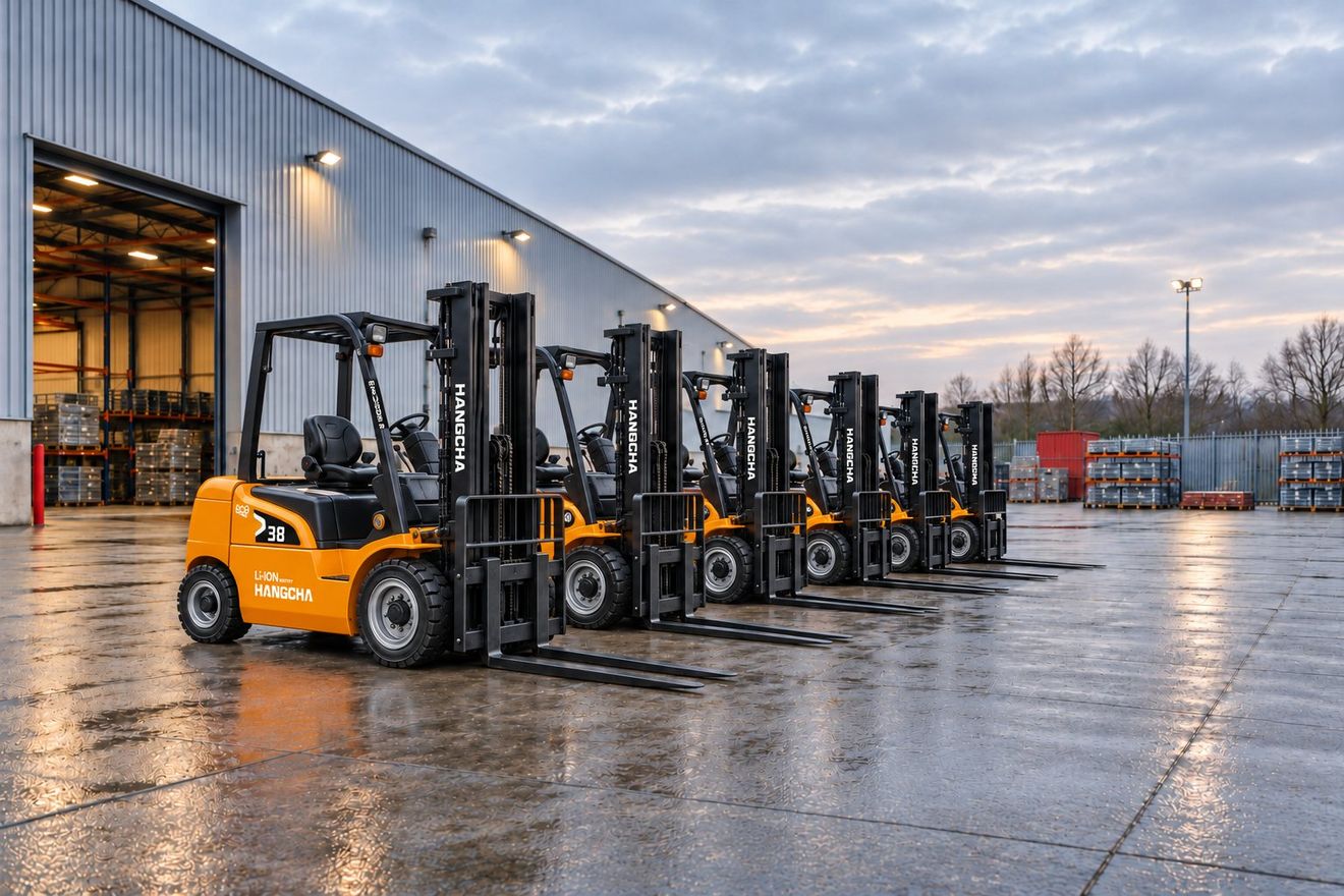 A row of forklifts parked at a warehouse