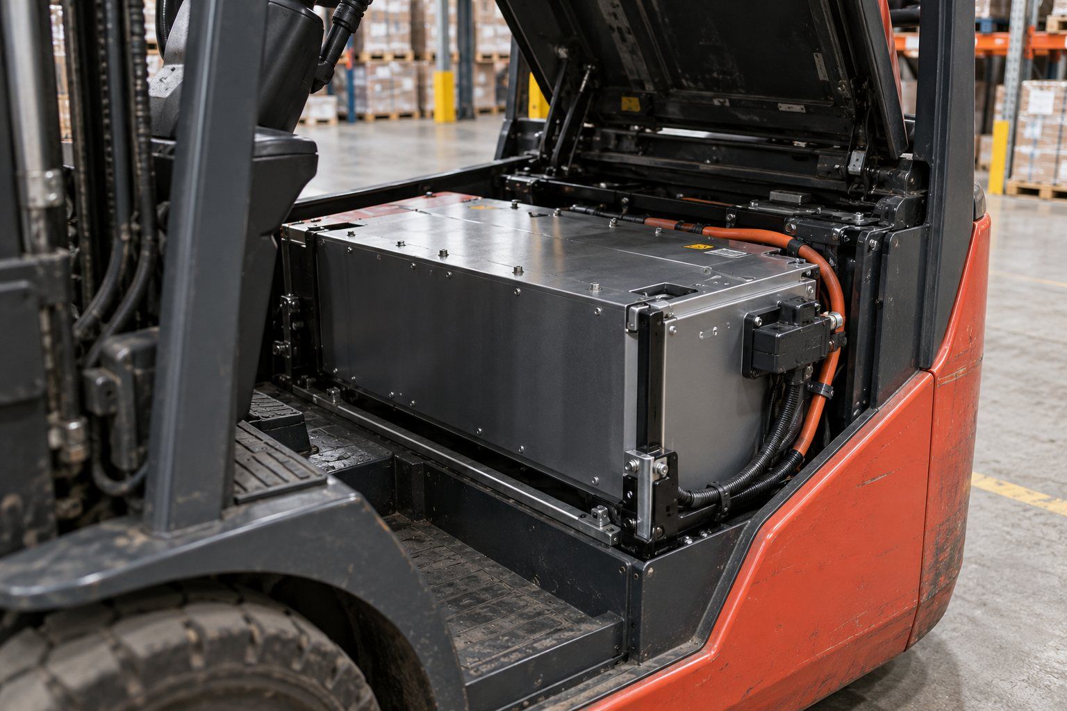 A sealed lithium-ion battery in a forklift