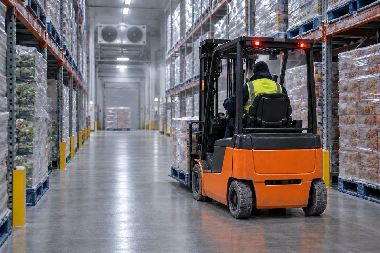 An electric forklift in a cold store