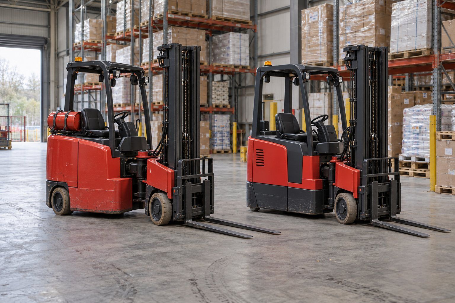 LPG and electric articulated forklifts side by side