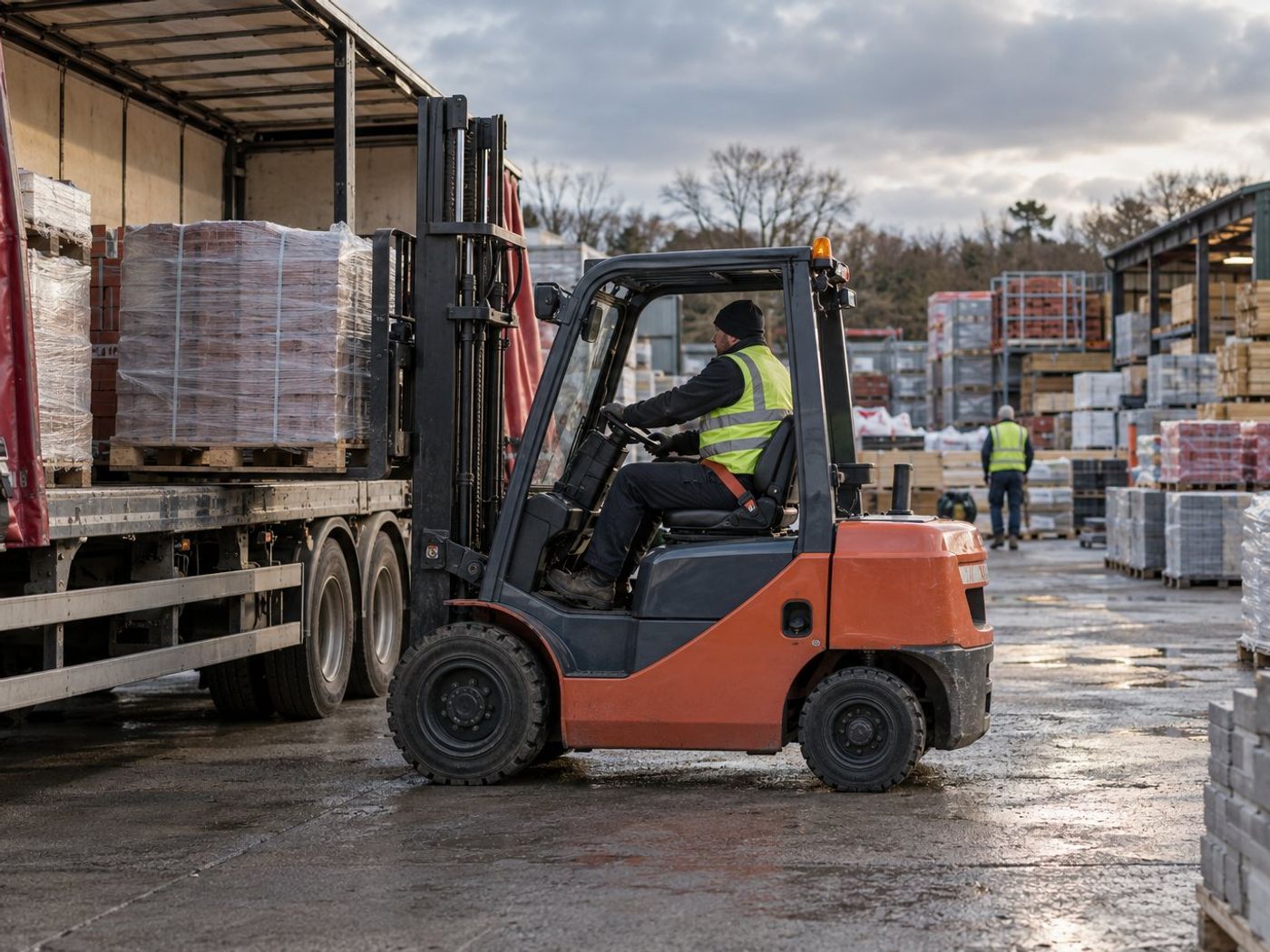 A forklift unloading a lorry in a builders' merchant yard