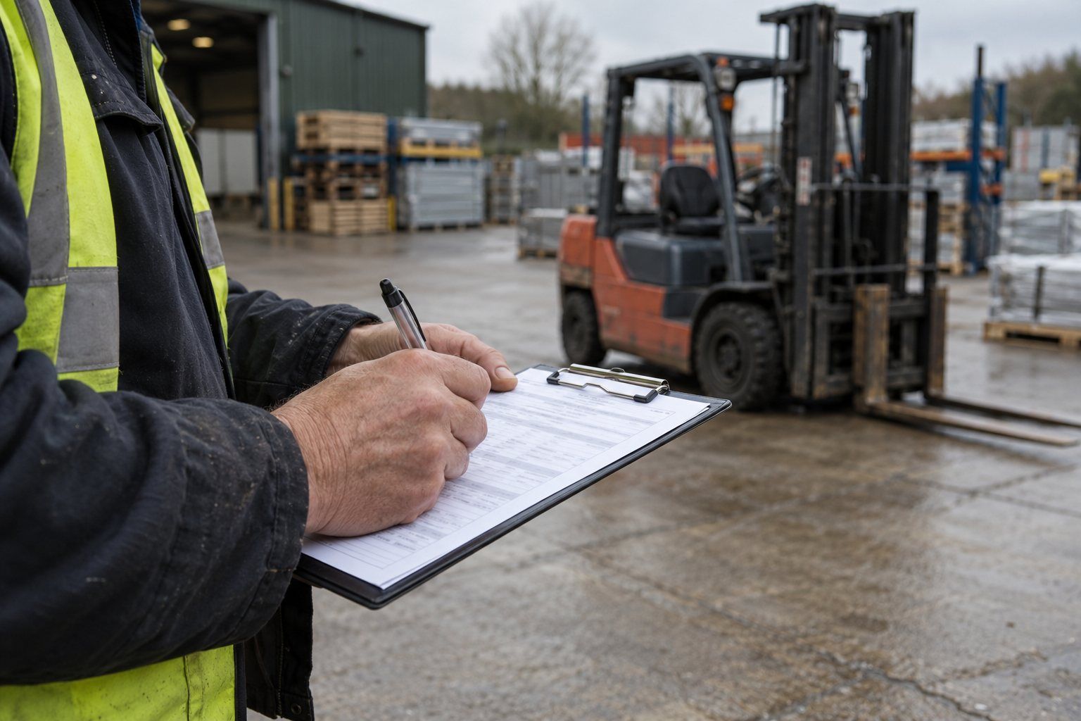 Signing a document on a clipboard beside a forklift