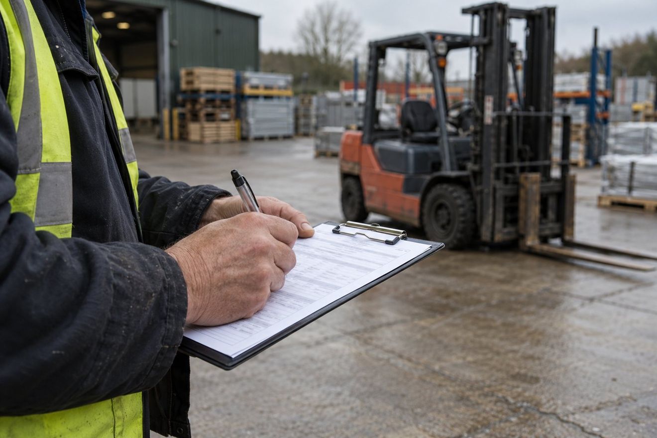 Signing a document on a clipboard beside a forklift
