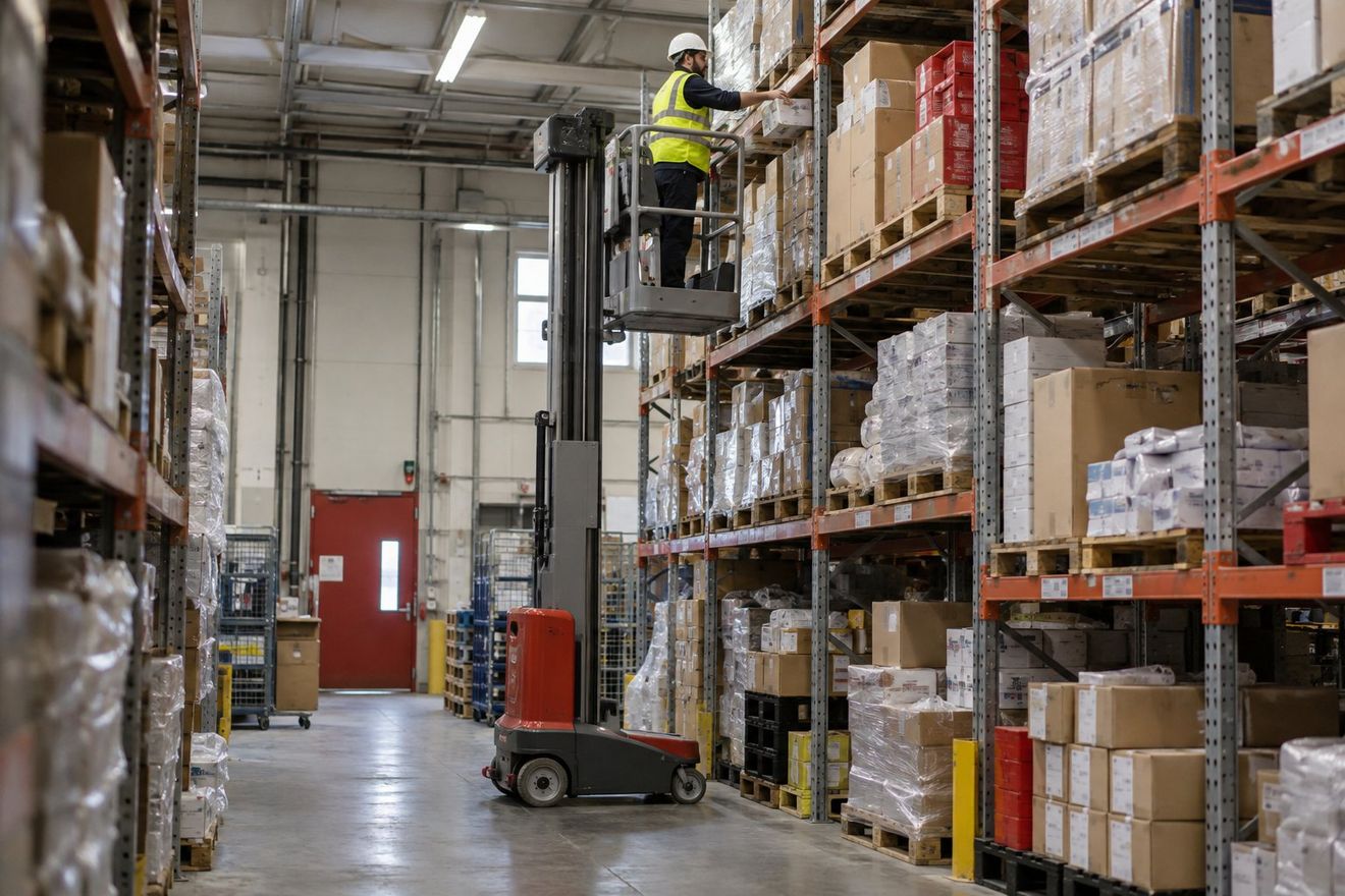 A vertical mast lift in a stockroom