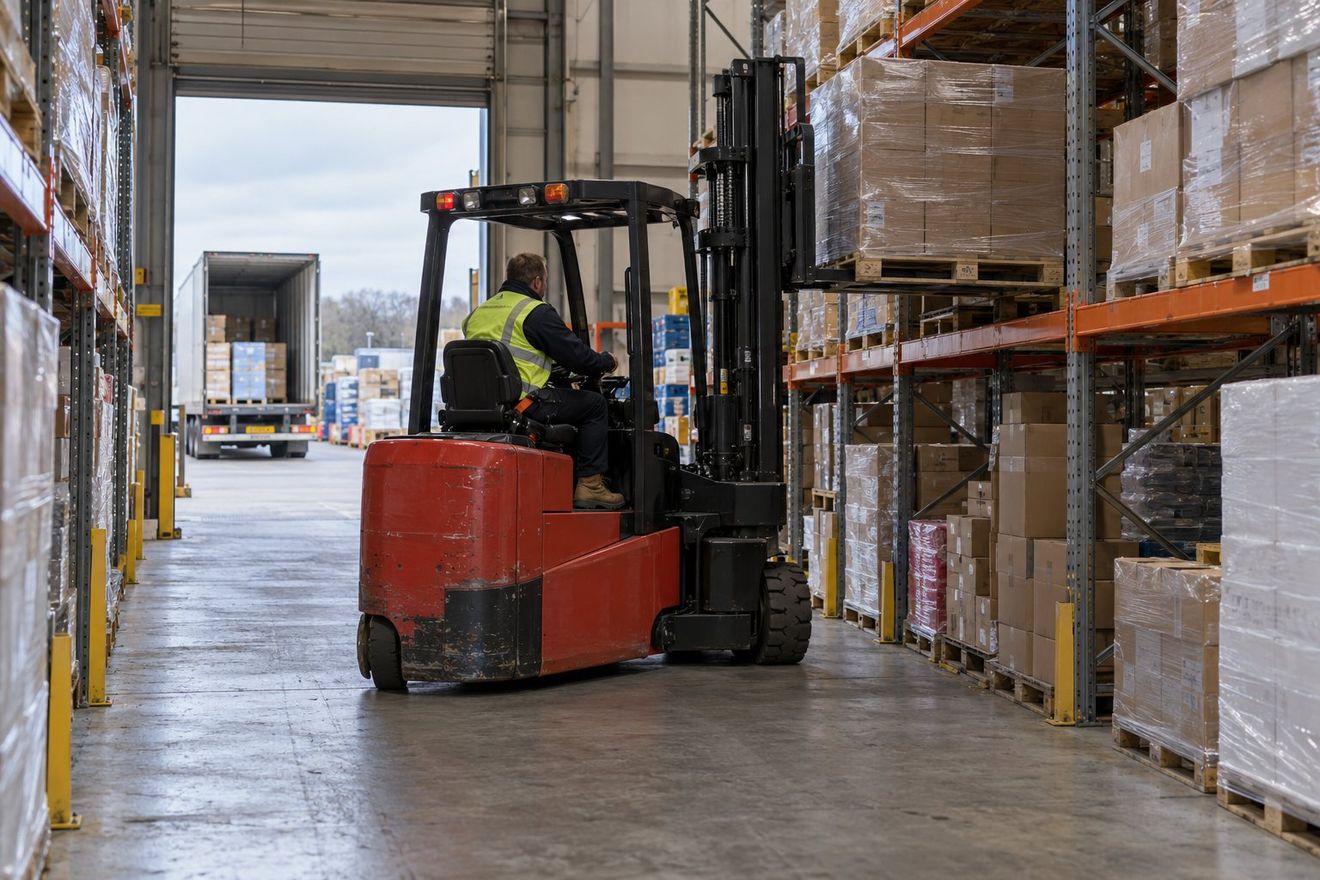 An articulated forklift loading racking near a loading bay