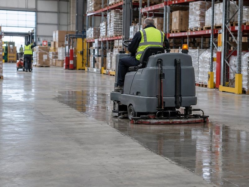 A ride-on scrubber drier cleaning a warehouse floor