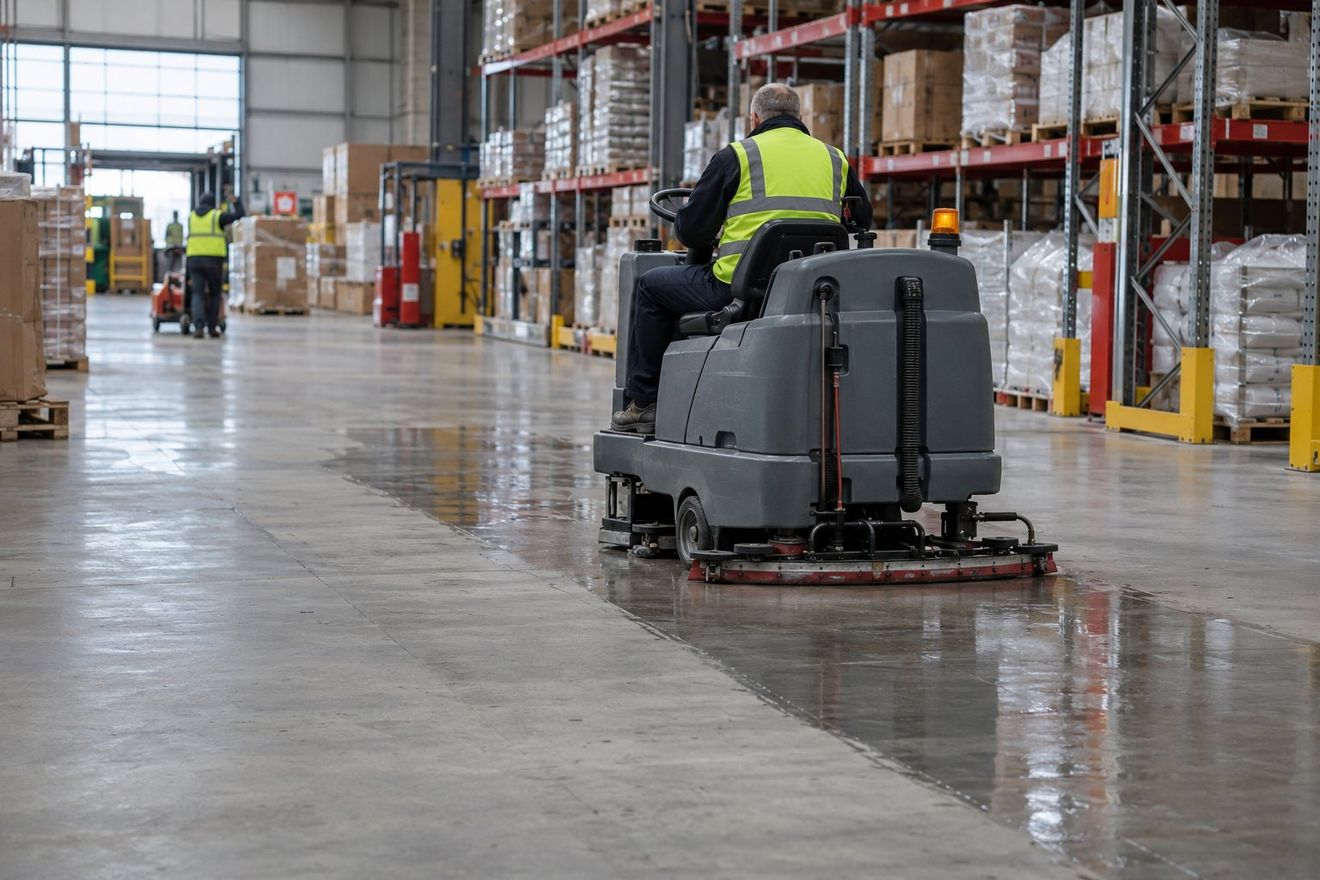 A ride-on scrubber drier cleaning a warehouse floor
