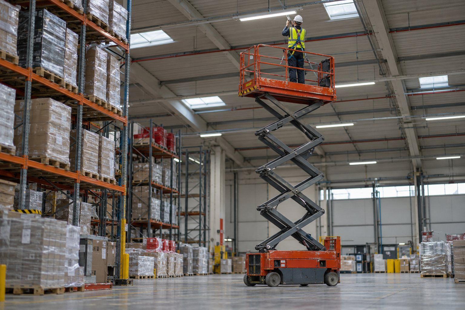 A scissor lift raised inside a warehouse