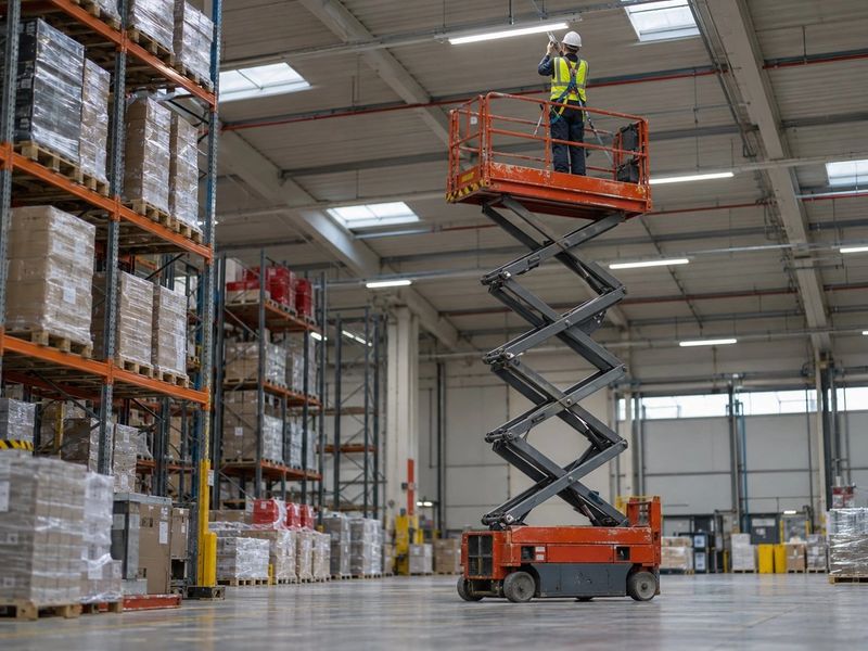 A scissor lift raised inside a warehouse