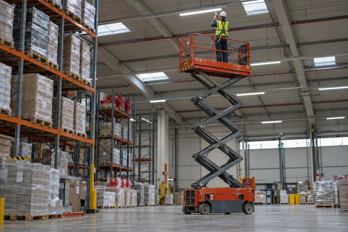 A scissor lift raised inside a warehouse