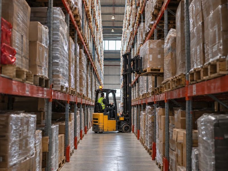 An articulated forklift in a narrow aisle between tall racking