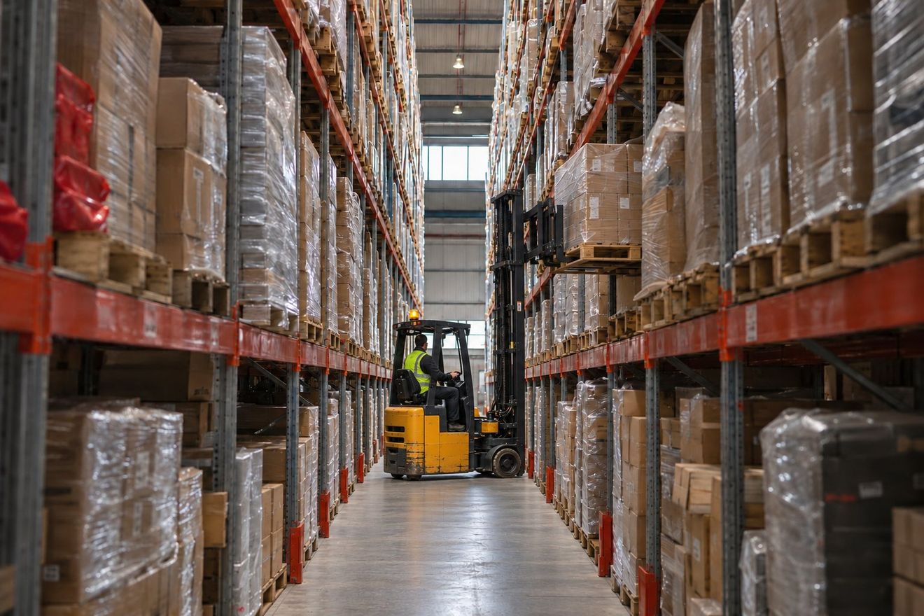 An articulated forklift in a narrow aisle between tall racking