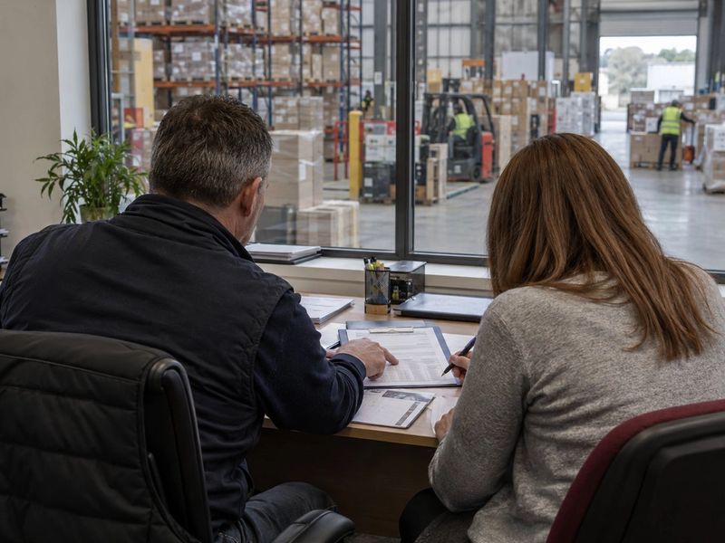 Two people reviewing paperwork in an office overlooking a warehouse