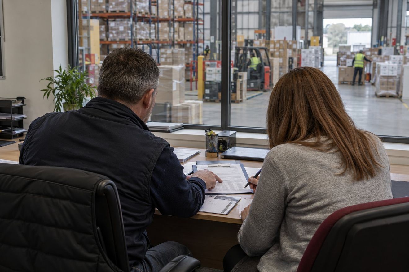 Two people reviewing paperwork in an office overlooking a warehouse