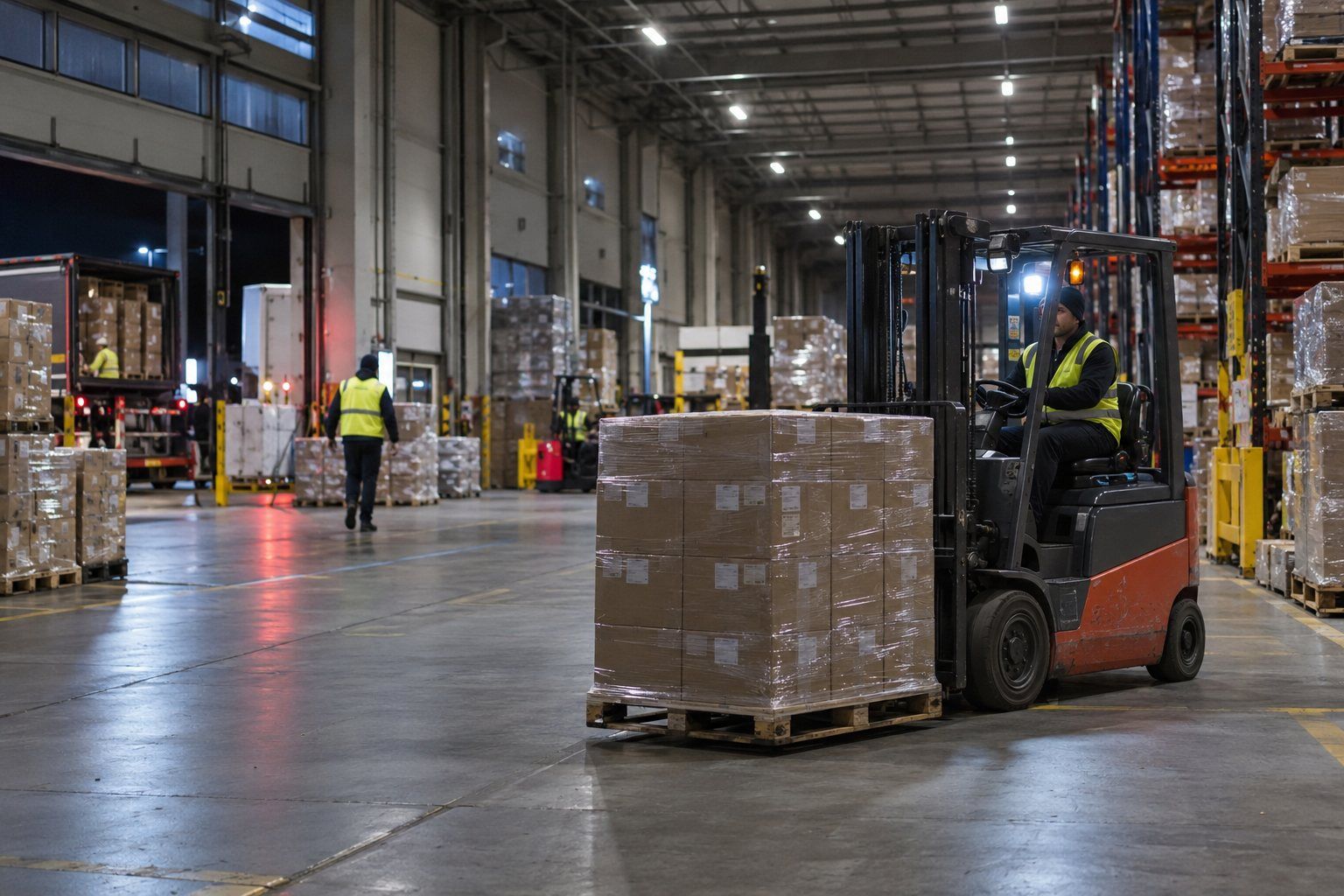 An electric forklift working a night shift in a warehouse