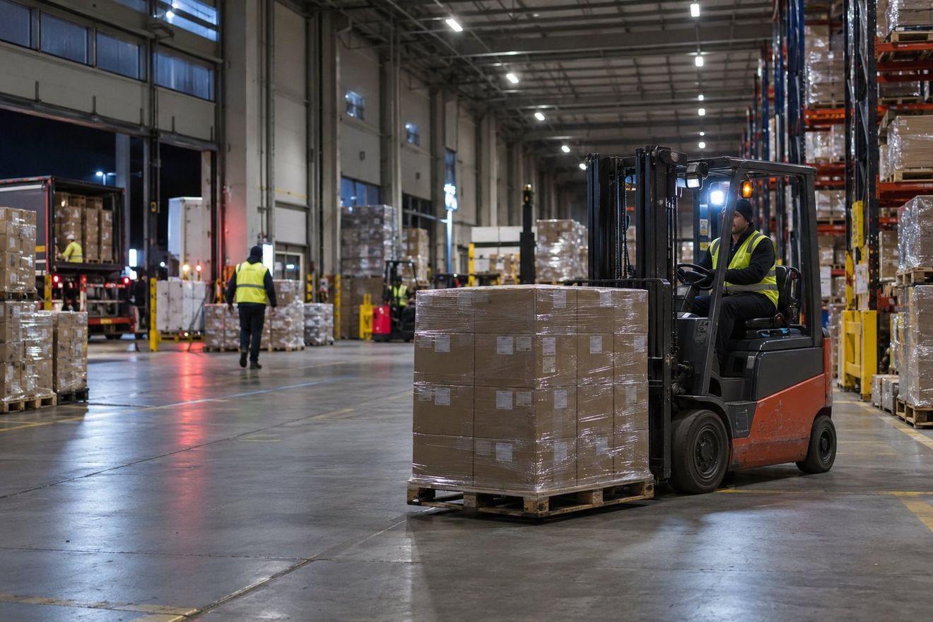 An electric forklift working a night shift in a warehouse