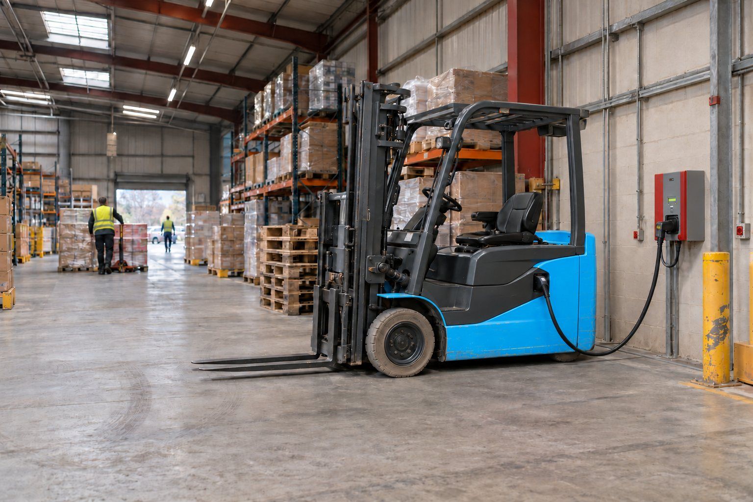 An electric forklift on charge in a warehouse