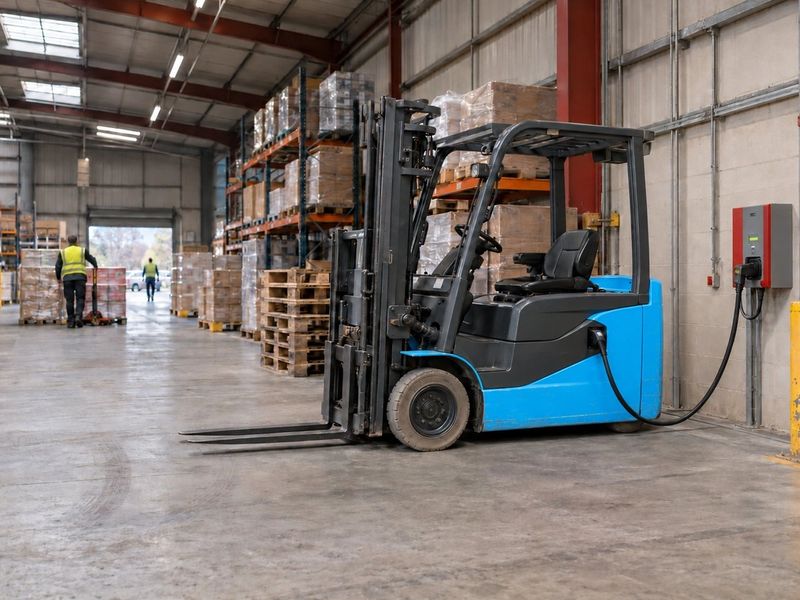 An electric forklift on charge in a warehouse
