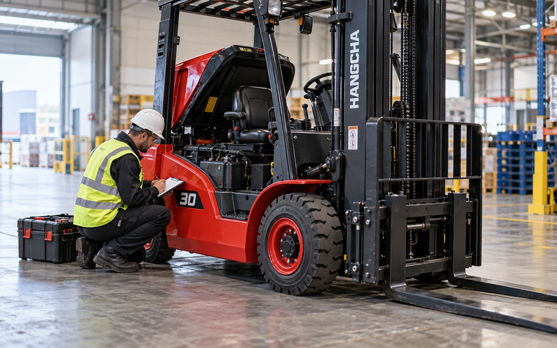 Engineer inspecting a Hangcha forklift during a thorough examination