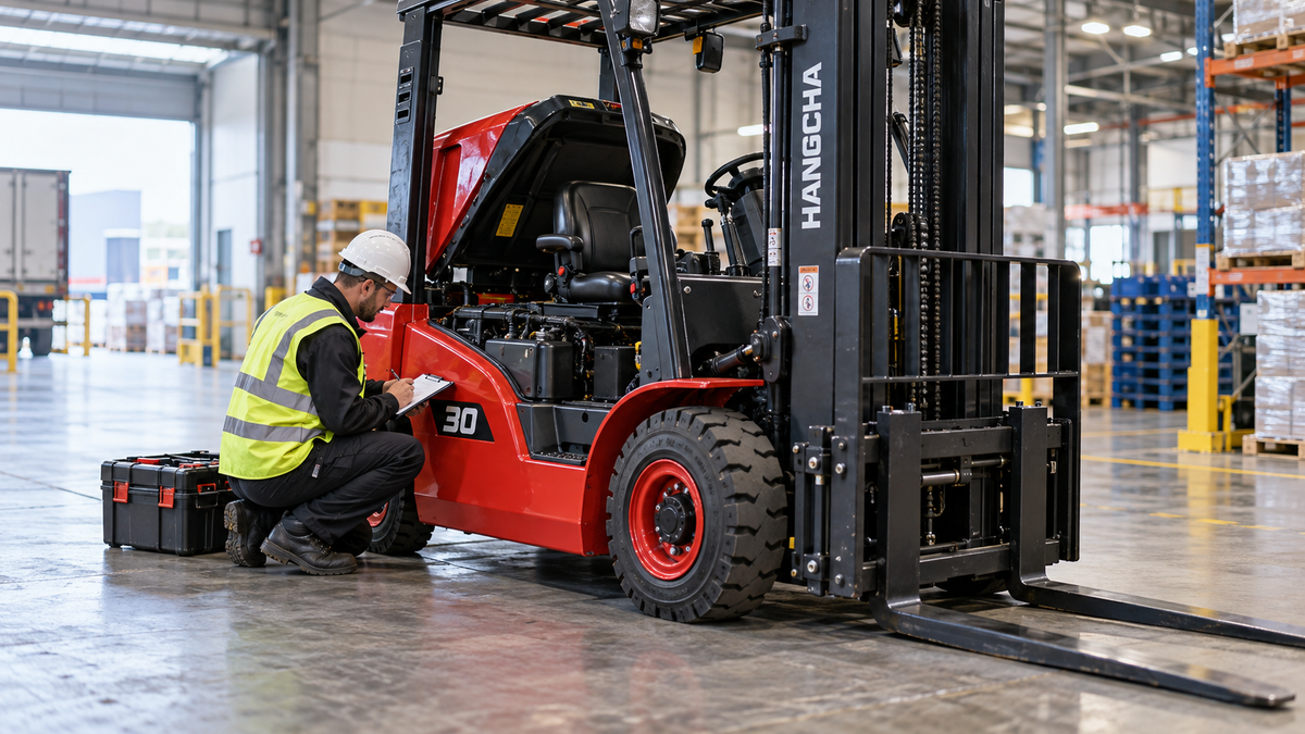 Engineer inspecting a Hangcha forklift during a thorough examination
