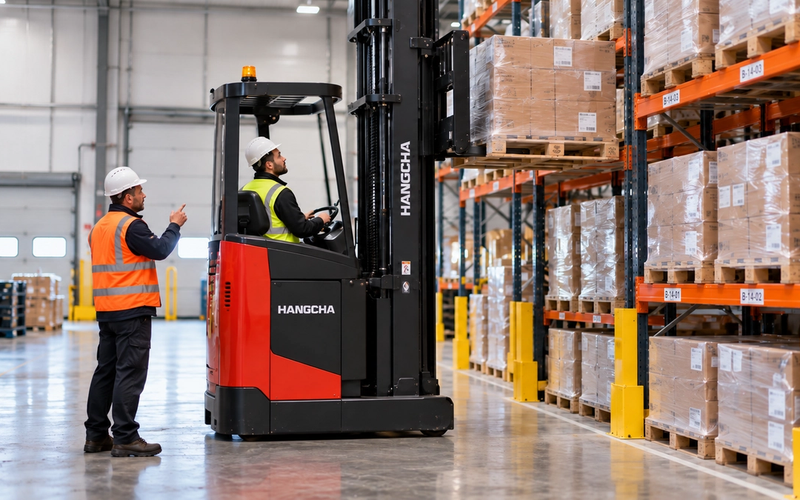 Instructor guiding an operator on a Hangcha reach truck in a warehouse