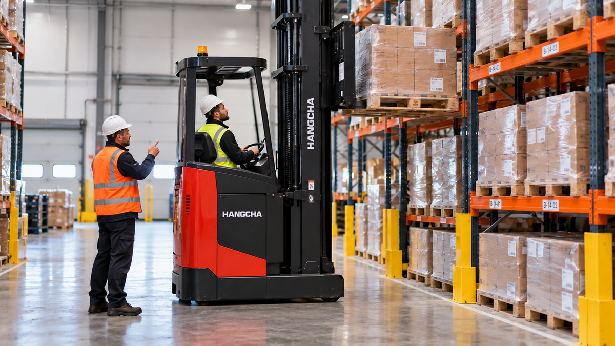Instructor guiding an operator on a Hangcha reach truck in a warehouse