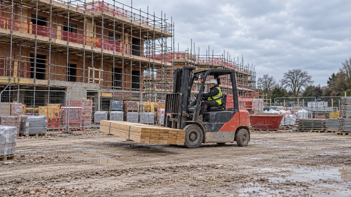 A diesel forklift carrying timber across a building site