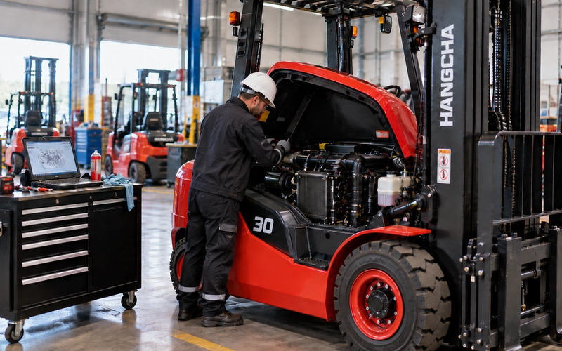 Engineer servicing the engine of a Hangcha forklift in the workshop