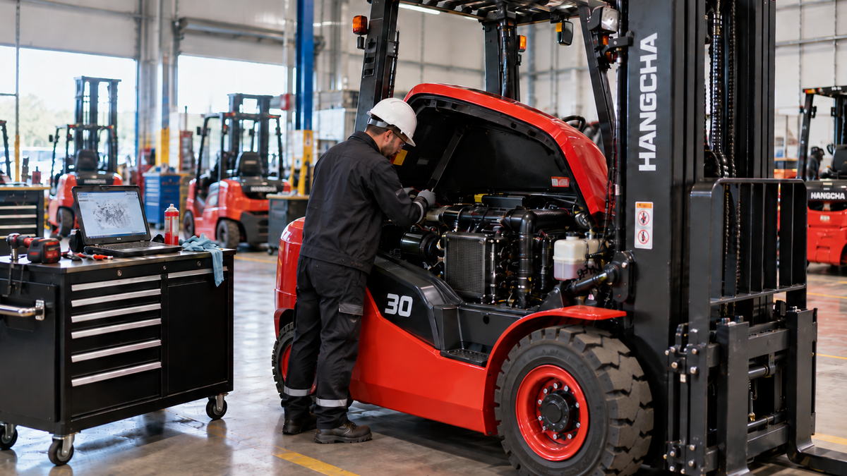 Engineer servicing the engine of a Hangcha forklift in the workshop