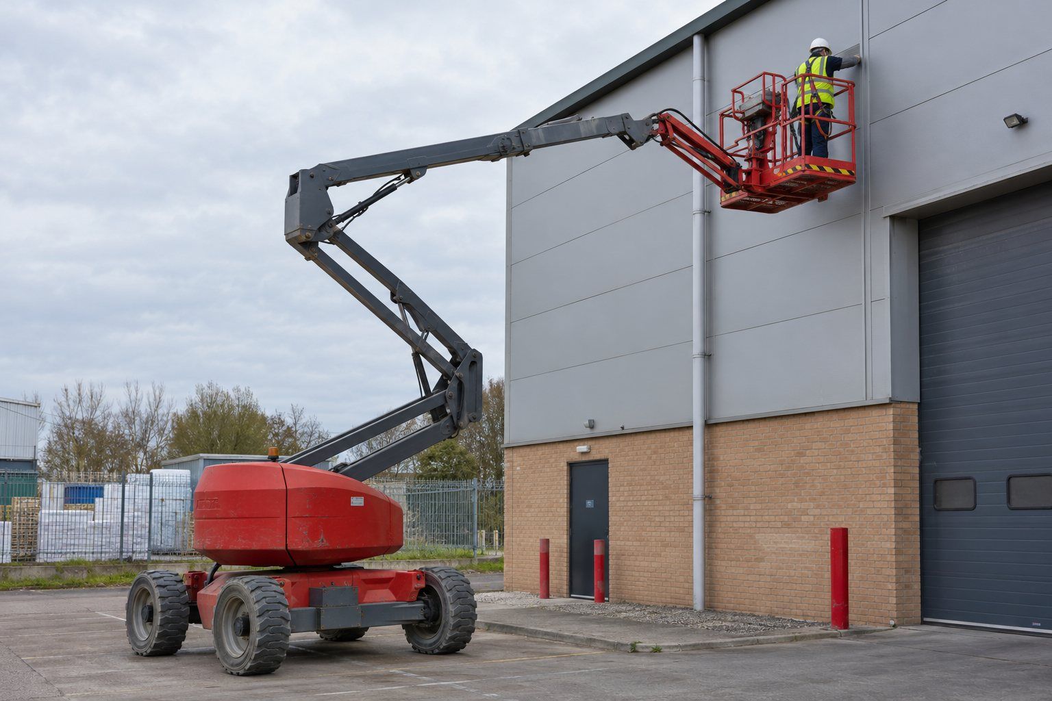 An articulated boom lift working on a building