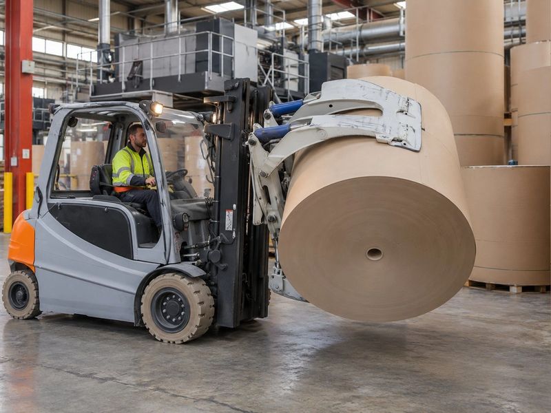 A forklift with a paper roll clamp carrying a reel