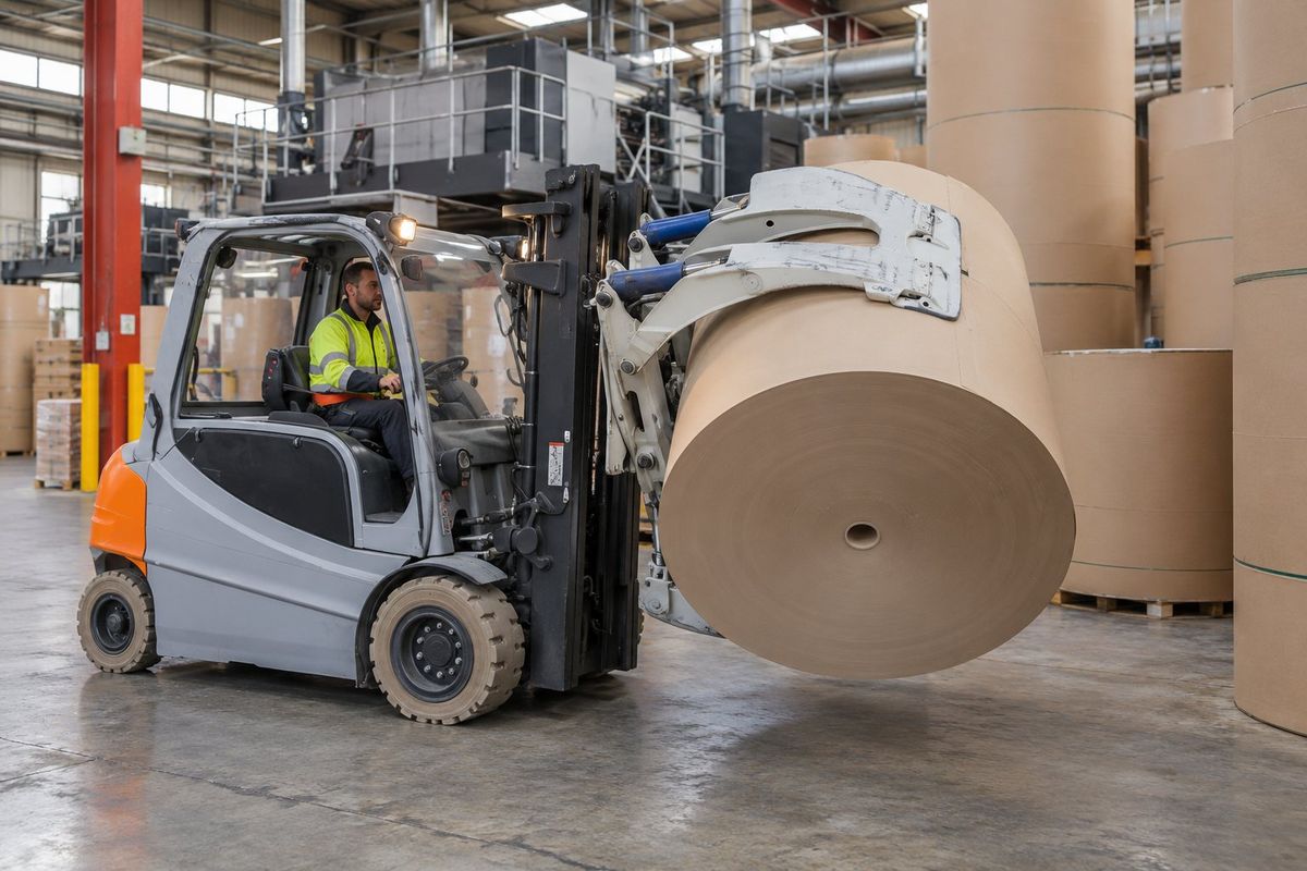 A forklift with a paper roll clamp carrying a reel