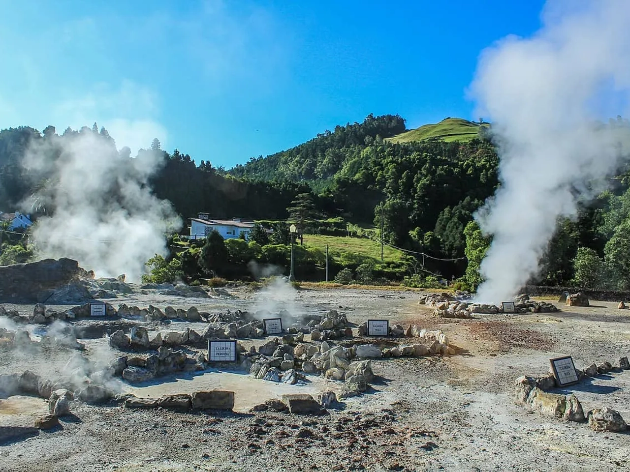 Área geotérmica com fumarolas e vegetação ao fundo em São Miguel, Açores.