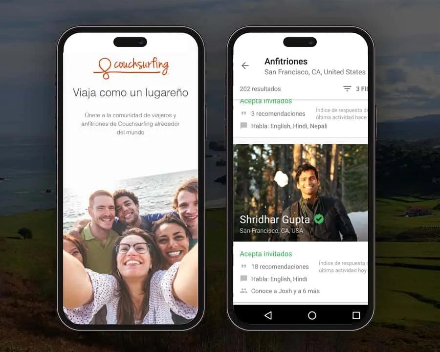Pantallas de la app Couchsurfing, mostrando viajeros y anfitriones disponibles.