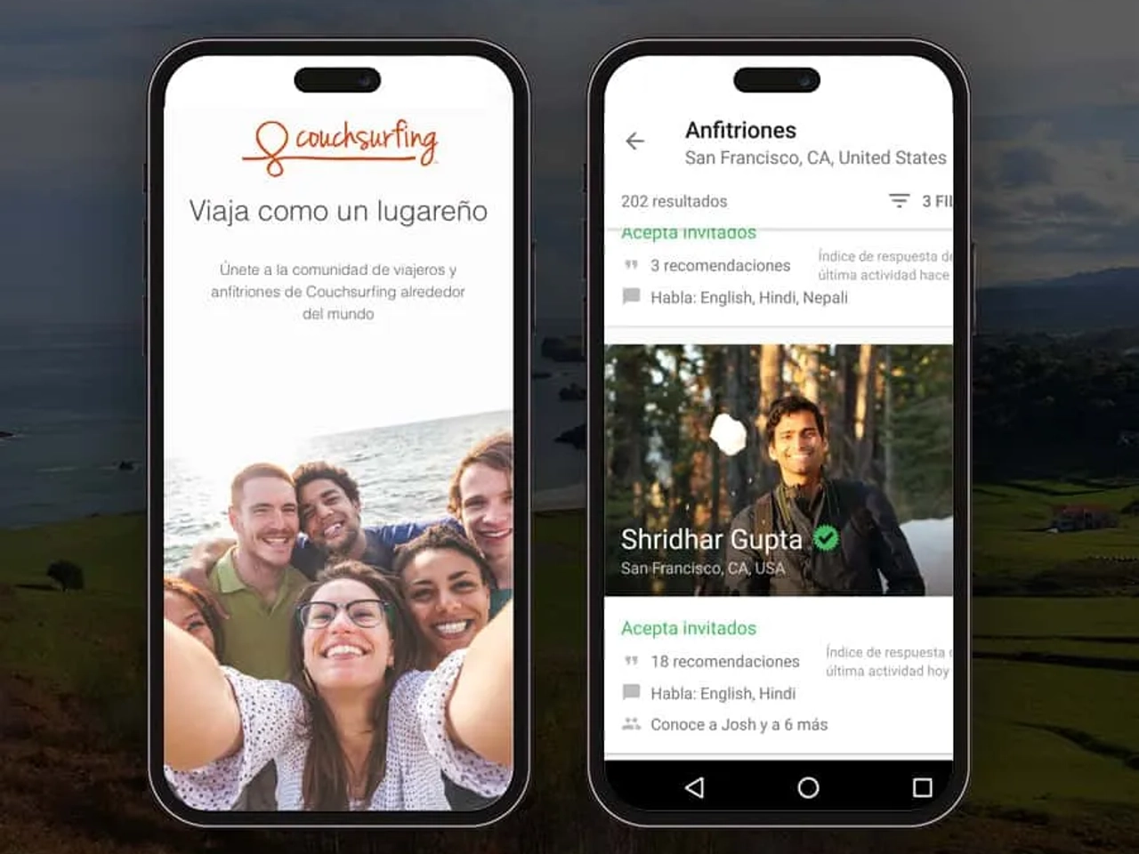 Pantallas de la app Couchsurfing, mostrando viajeros y anfitriones disponibles.