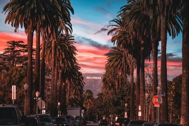 view at sunset of the hollywood sign in los angeles, USA