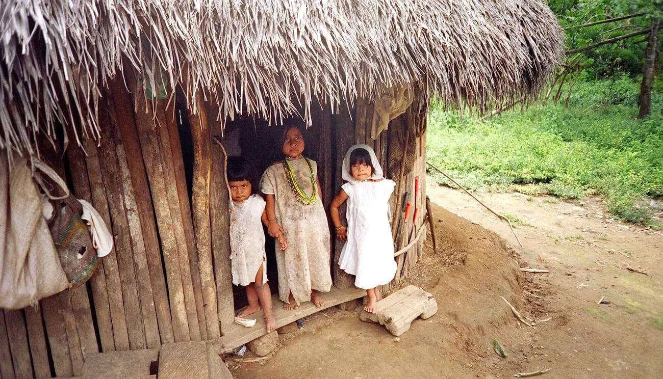 crianças wiwa numa palhota