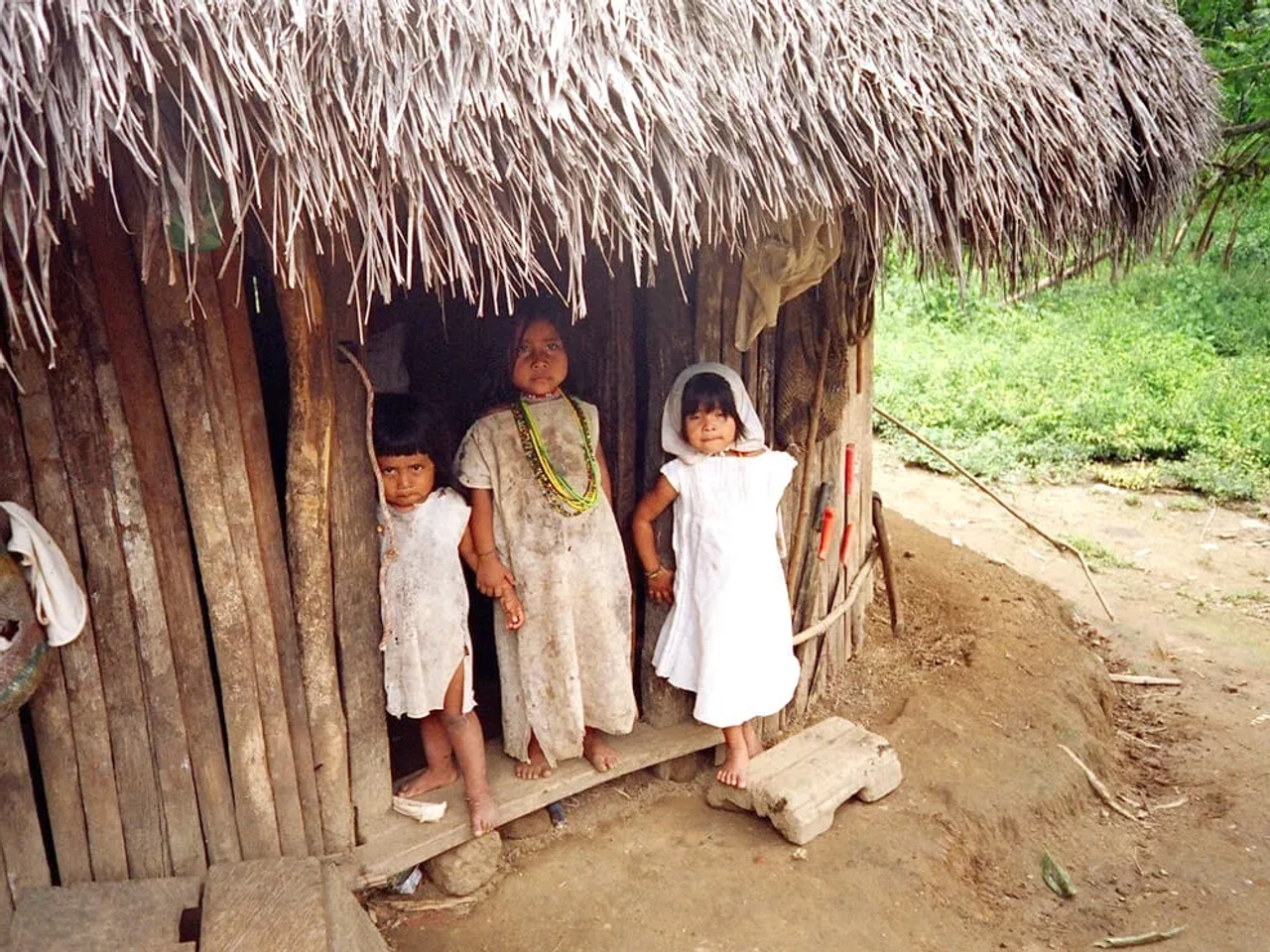 crianças wiwa numa palhota