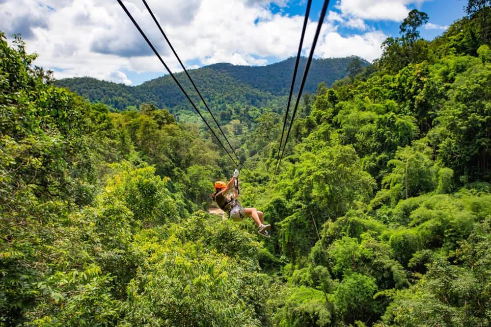 descida de zip line pela floresta