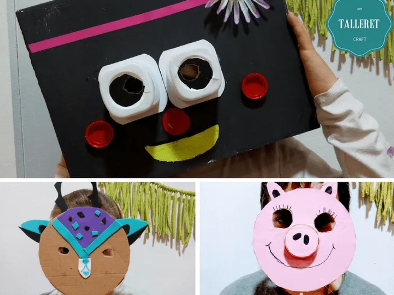 Niños con máscaras de cartón en un taller de manualidades.