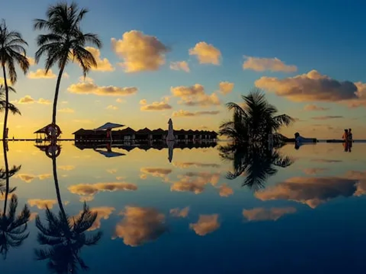 sunset in the maldives near the water with palm trees