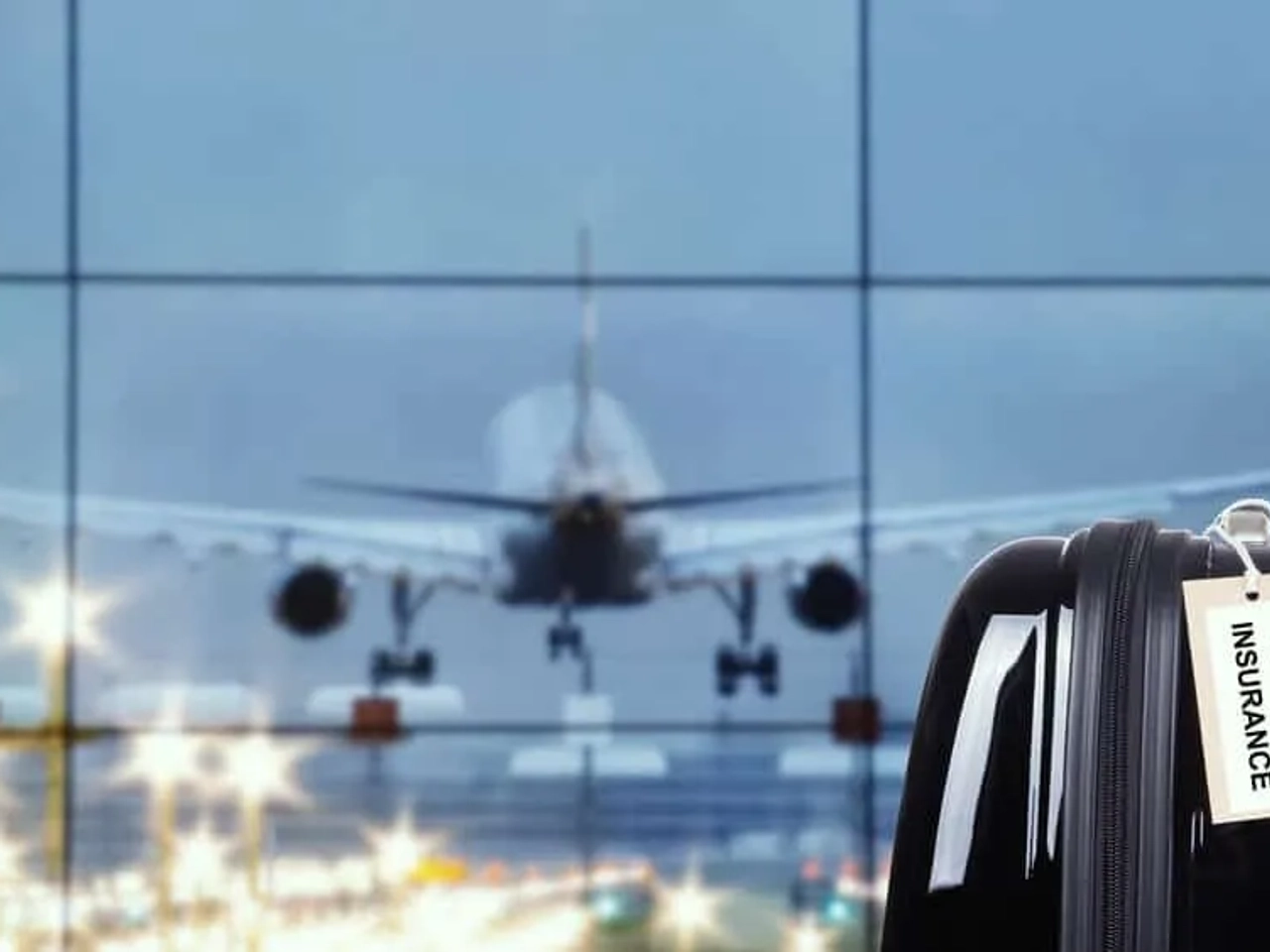 mala com etiqueta do seguro de viagens e aviao a descolar no fundo