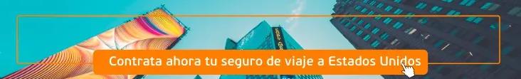 Imagen de rascacielos y publicidad colorida, promoviendo seguros de viaje a Estados Unidos.