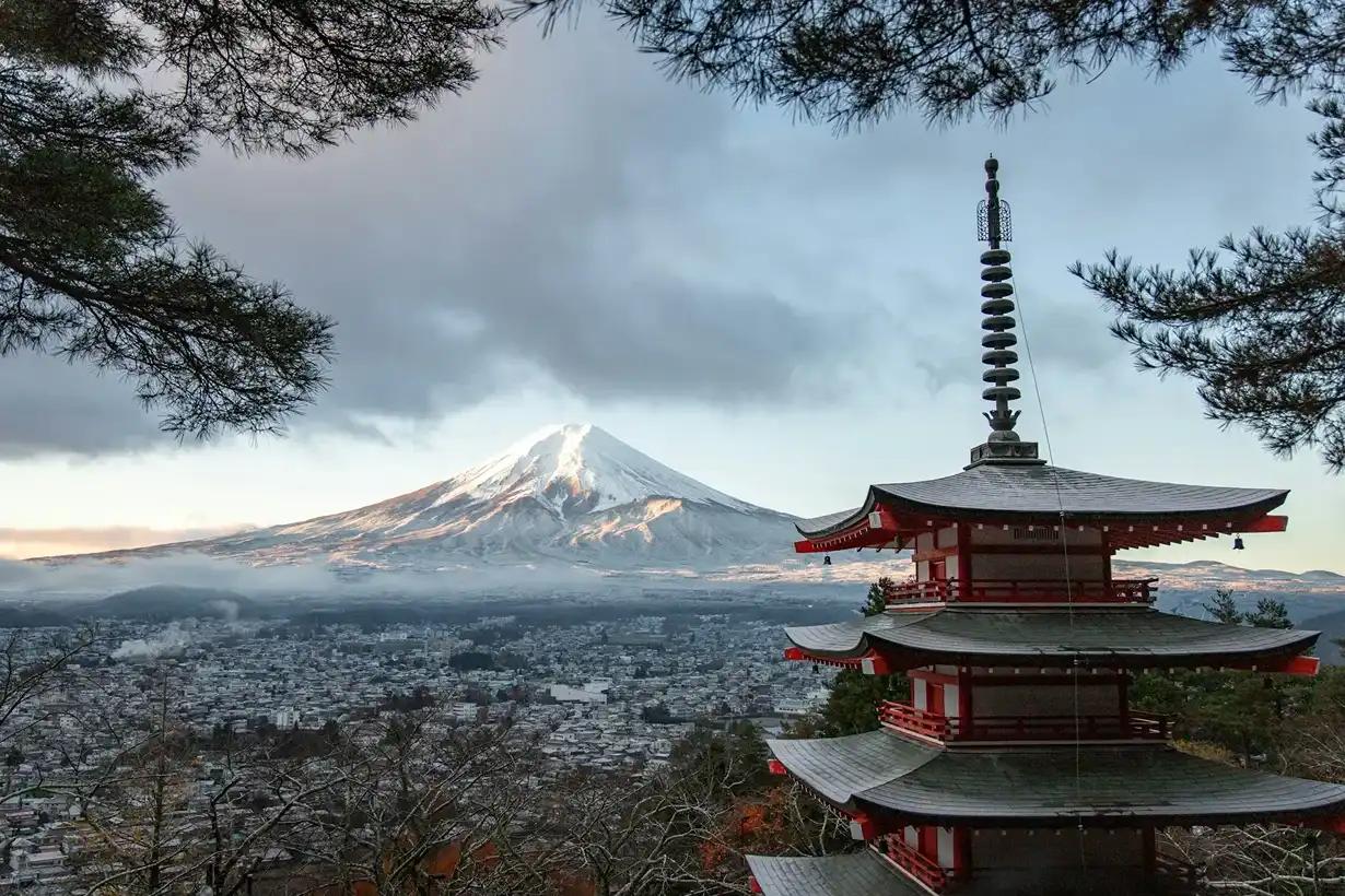 Monte Fuji e pagoda tradizionale giapponese circondata da ciliegi in primo piano