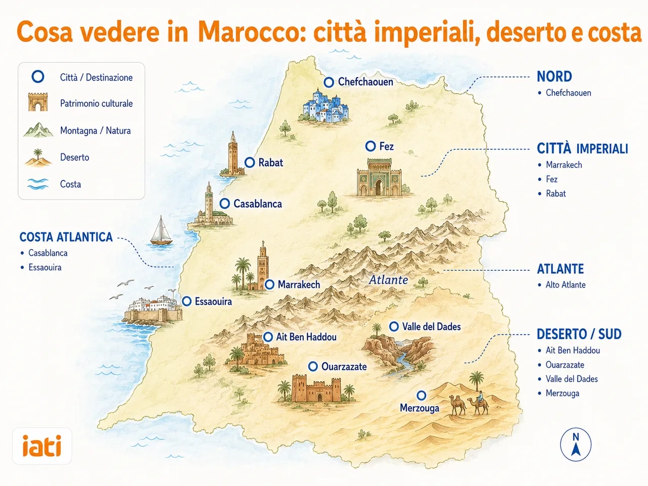 Mappa illustrata del Marocco con le principali tappe di viaggio, tra città imperiali, costa atlantica, Atlante e deserto, da Marrakech e Fez fino a Essaouira, Chefchaouen e Merzouga.
