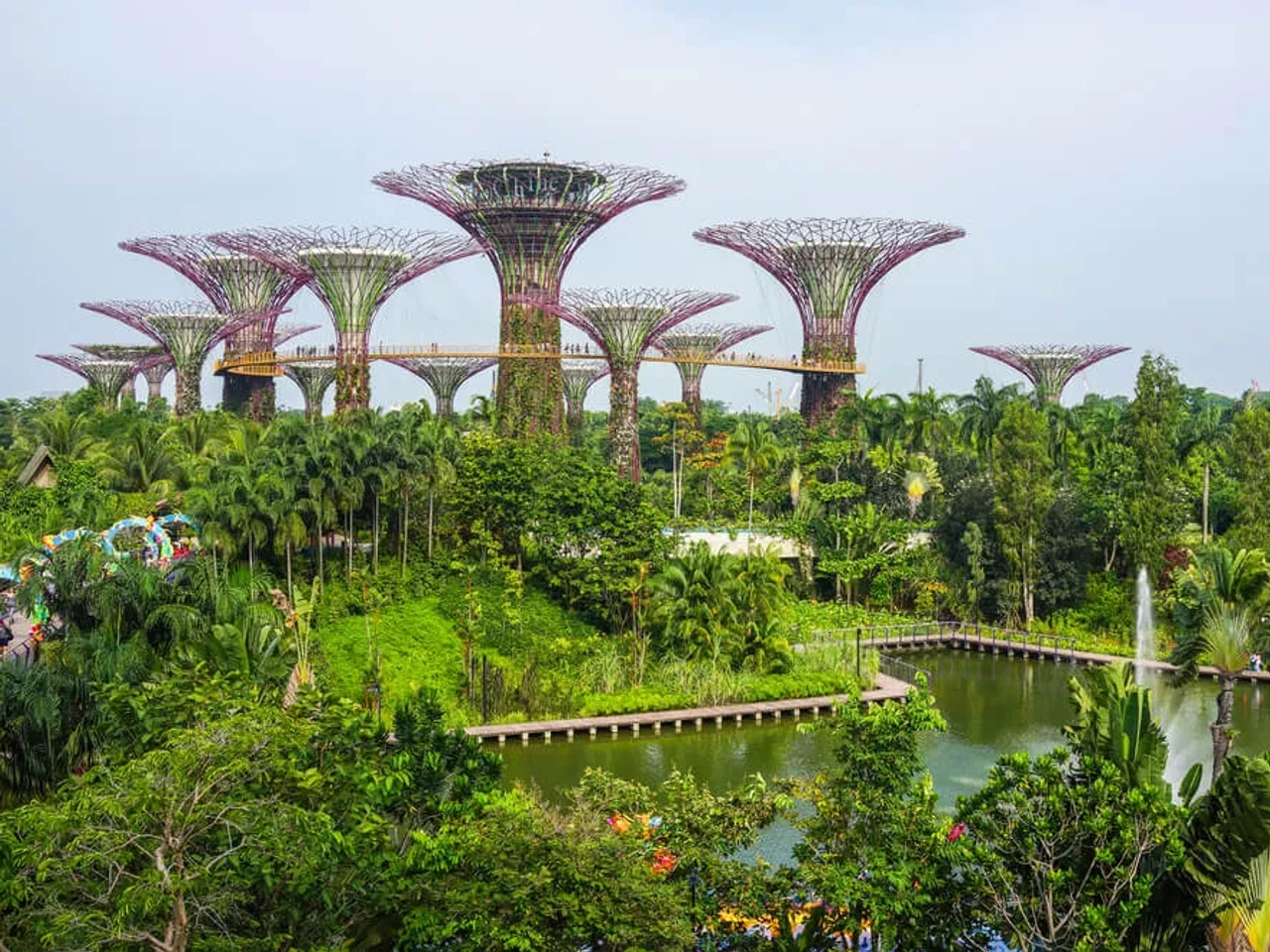 panoramica do garden by the bay com as arvores gigantes no centro