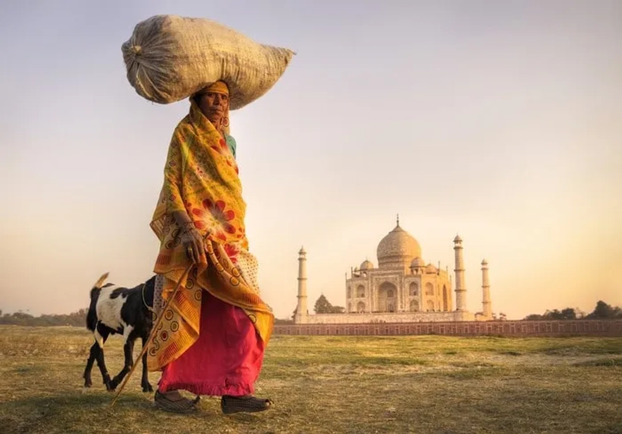 Hombre con carga sobre la cabeza camina frente al Taj Mahal al amanecer.