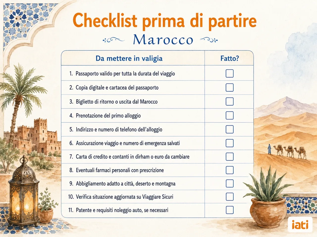 Checklist illustrata per un viaggio in Marocco, con documenti e preparativi da verificare prima della partenza, decorata con dune, palme, lanterna e motivi marocchini.
